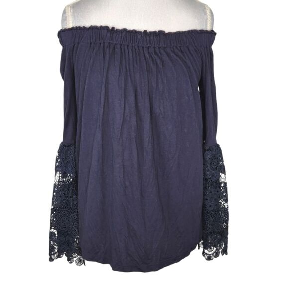LOFT Navy Blue Lace Trimmed Bell Sleeve Off The Shoulder Blouse Size Medium - Picture 4 of 12